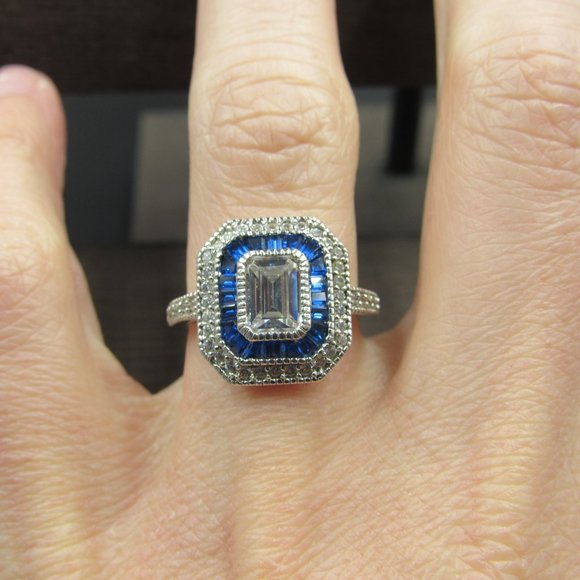 Size 6.25 Sterling Silver Cubic Zirconia & Blue Topaz Fancy Band Ring Vintage - Picture 5 of 9